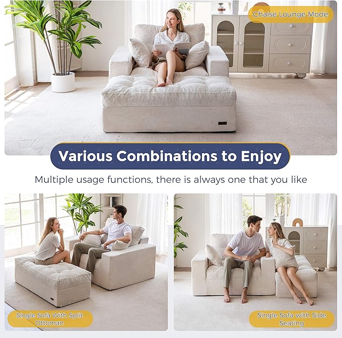 MAXYOYO Oversized Chaise Lounge Sofa, Upholstered Lounge Chair with 3 Pillows, Tufted Boneless Sofa Couch with Ottoman, Deep Seat Sleeper Chair for Living Room, Bedroom, No Assembly, Beige