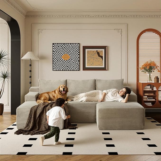 96" Sectional Couches for Living Room Cloud Couch Sofa with L-Shape Upholstered Boneless Couchs Modern Modular Sectional Couch with Chaise (Camel, 96" W+Left Facing Chaise+2Seaters+Ottoman)