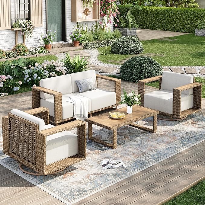 MIXPATIO Outdoor Patio Furniture Set, 5 Piece Outdoor Rattan Wicker Sofa Couch, Conversation Sets with 2 Swivel Sofa, 2 Armchairs and Coffee Table for Deck Backyard Lawn