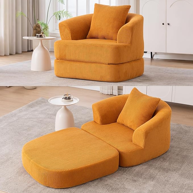 41" Convertible Sleeper Chair, Convertible Couch Bed with Backrest and Pillow, Corduroy Oversized Armchair for Adults, Comfy Sleeper Chair Bed for Living Room, Bedroom, Home Office, Yellow