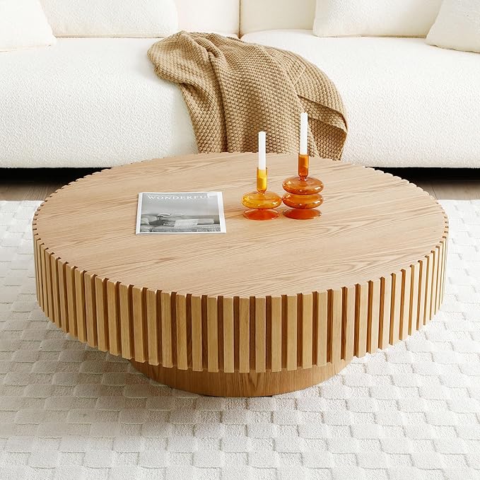 35.43''/90CM Samll Round Wood Coffee Table for Living Room, Modern Handcraft Drum Tea Table, Circle Wooden Coffee Table for Small Space Apartment (Oak, Ø35.43 x 13.77)