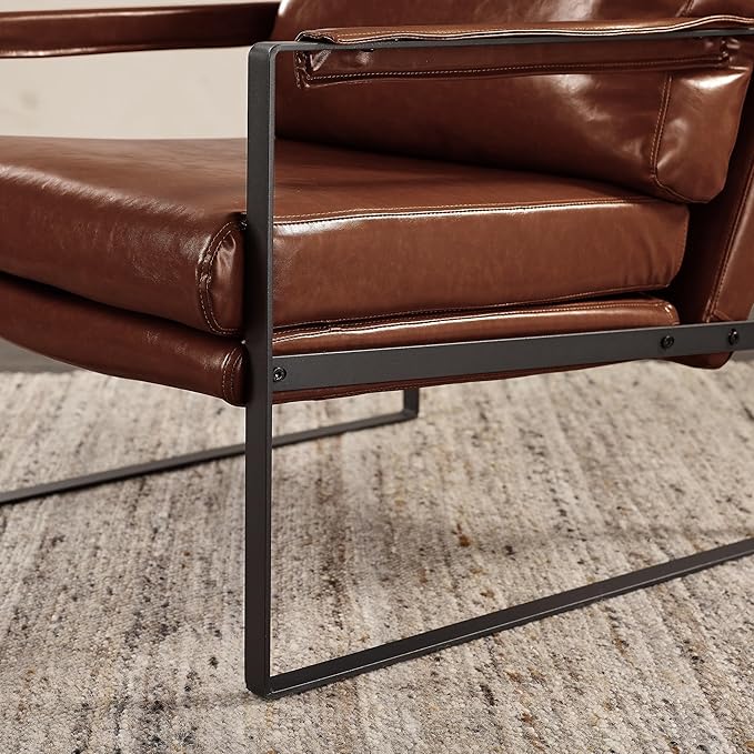 Zouron Mid Century Modern Accent Chair with Black Metal Frame, Upholstered Living Room Chairs with Pillow, Reading Armchair for Bedroom, Office, 1 Pcs, Red Brown