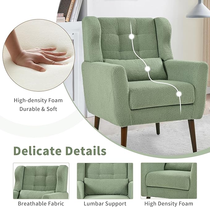 CHSICFOR Modern Accent Chair, Upholstered Arm Chair with Waist Pillow, Single Sofa Chair for Living Room Bedroom Small Spaces (Light Green)