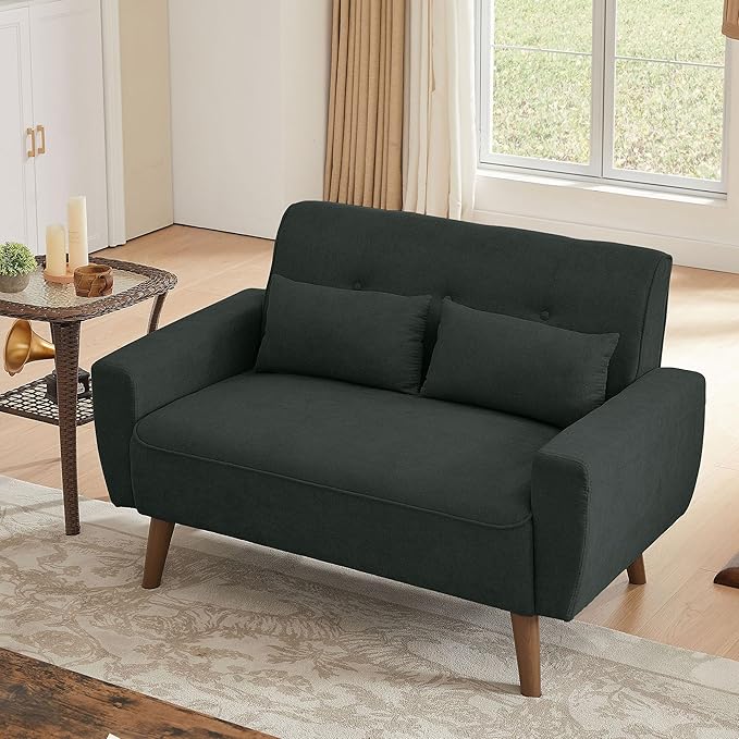 48" Loveseat Sofa, 2 Seater Love Seat Mid Century Modern Small Couches for Living Room Bedroom Apartment, 2 Throw Pillows and Plastic Legs, Black