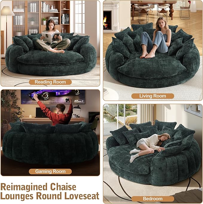 82'' Oversized Upholstered Sofa Bed, Round Chaise Lounge Chair Indoor, Modern Chenille Boneless Couch, No Assembly Required, Plush Sleeper Chair with 14 Pillows for Living Room, Emerald