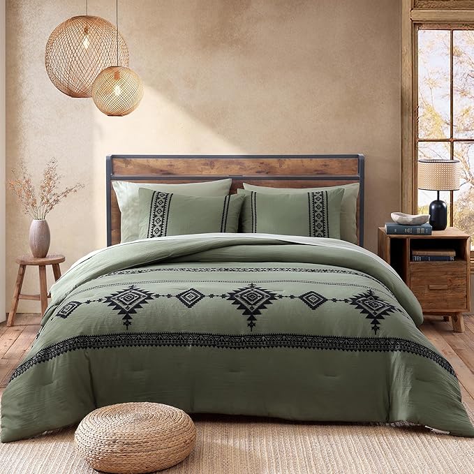 MaiRêve Embroidery Comforter Set, Boho Farmhouse Western Bedding Set, All Season Bed in A Bag Comforter Set with Sheets, Pillowcases & Shams, Olive Green Full 7 Pieces