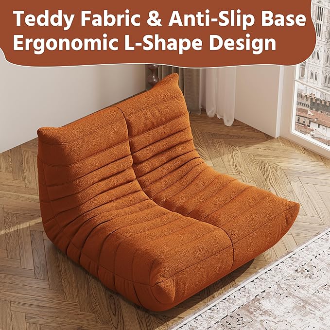 Bean Bag Chair Lazy Floor Sofa, Giant BeanBag Fireside Chair with Memory Foam Filled, Soft Bean Bag Comfy Couch for Teens Adults, Non-Slip Base Floor Lounge Chair, Living Room, Bedroom(Orange, Single)