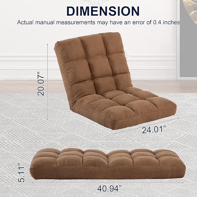 Floor Chair, 24 inches Wide Oversized Velvet Armless Lay Flat Floor seat Padded Meditation Chair with 6 Adjustable Position Ergonomic Comfortable Convenient(LRSF-006-TAN)