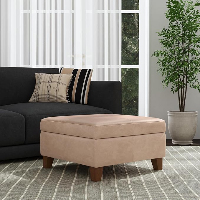 HomePop Faux Leather Square Storage Ottoman with Wood Legs, Sand