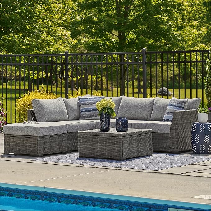 Signature Design by Ashley Petal Road Casual Nuvella Weather Resistant Fabric, Cushioned Outdoor Loveseat Sectional/Ottoman/Table Set with 2 Throw Pillows, Set of 4, Gray