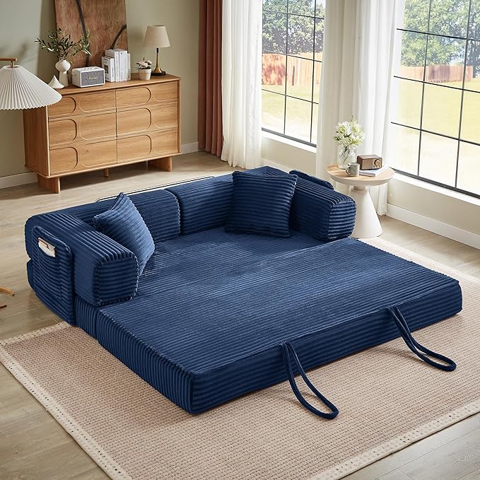 AUGOP Boneless Couch Folding Couches for Living Room Sofa, Futon Sofa Bed with Sleeper Sofa, Futon Couch with Fixed-Shape Oversized Corduroy Upholstered (Blue, 81 Inches)