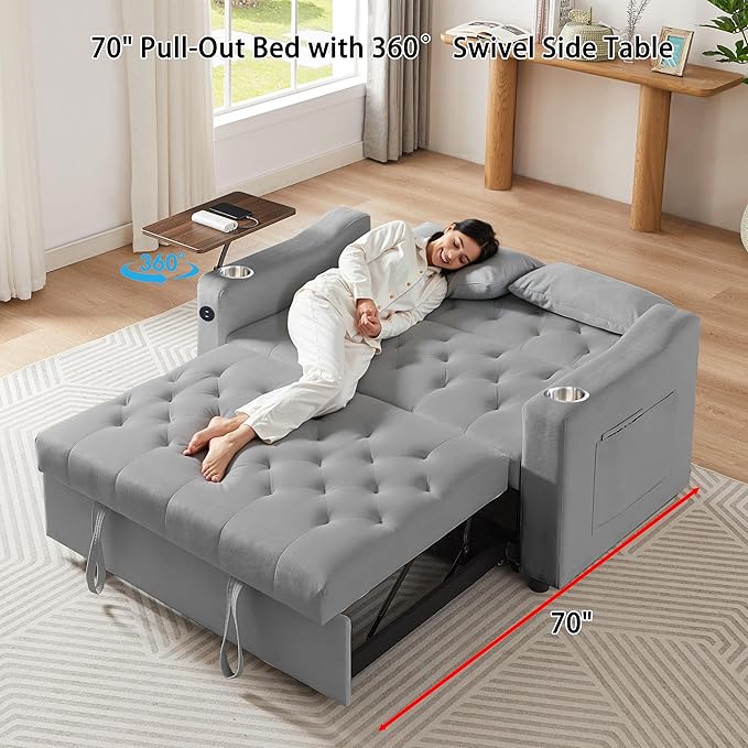 Auvsoce 53'' Convertible Sleeper Sofa Bed with Adjustable Backrest, Chaise Lounge, Side Table & Two Pillows – Stylish & Functional Addition to Any Living Room (Modern Grey)