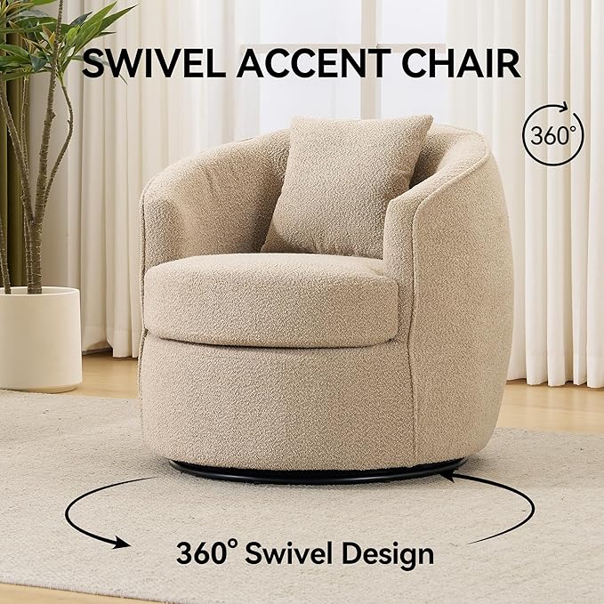 FaFaSoGoodFa Swivel Accent Chair, Modern Upholstered Boucle Barrel Arm Chairs with Pillow for Living Room, 360 Degree Round Swivel Sherpa Armchair with Round Base for Bedroom Club (1, Light Brown)