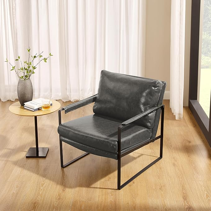 Zouron Mid Century Modern Accent Chair with Black Metal Frame, Upholstered Living Room Chairs with Pillow, Reading Armchair for Bedroom, Office, 1 Pcs, Gray