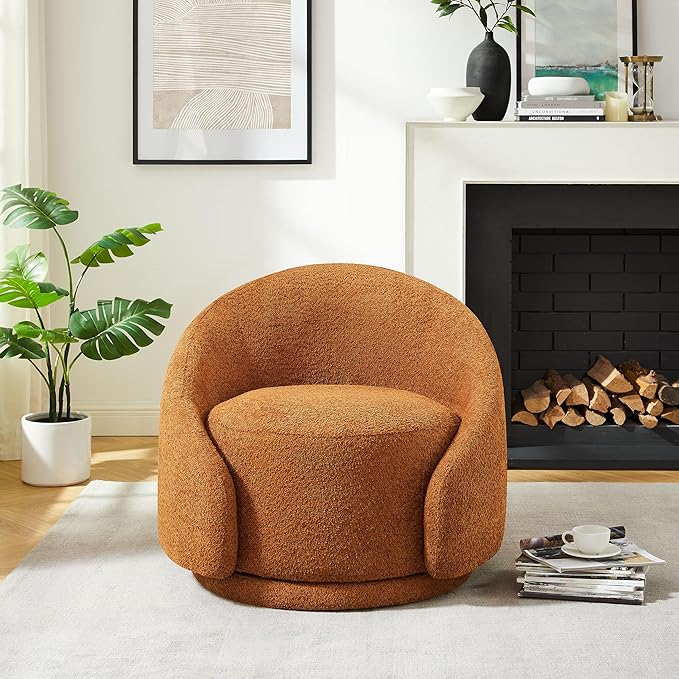 VANOMi Swivel Barrel Chair, Upholstered Modern Round Accent Arm Chairs, 360° Swivel Single Sofa Armchair for Living Room and Bedroom, Curry Boucle