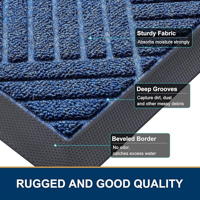 Smiry Front Door Mat Outside Entrance, Heavy Duty Outdoor Indoor Mat, Natural Rubber Doormat, Non Slip, Trap Dirt and Moisture, Easy Clean, Low Profile Patio Porch Entryway Mat, 29.5x17, Ocean Blue