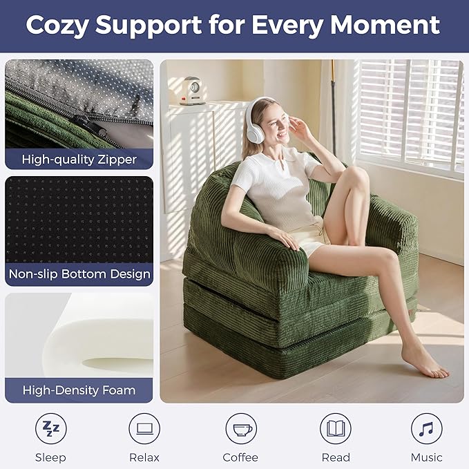 MAXYOYO Folding Sofa Bed with Backrest, Boneless Fold Out Couch Bed with Handle, 2 in 1 Convertible Bean Bag Chair to Floor Sofa Lounger, Comfy Folding Couch for Bedroom & Living Room, Dark Green