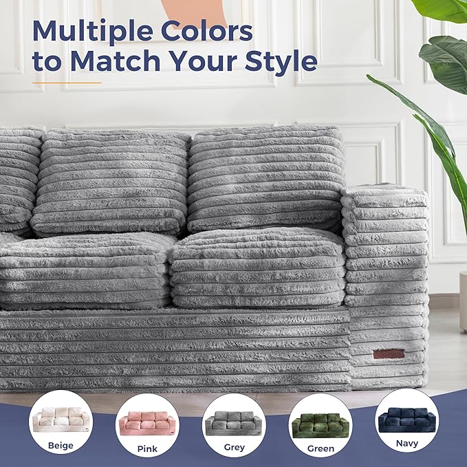 MAXYOYO 3-Seater Boneless Sofa Couch, Modern Faux Fur Sofa for Living Room, Soft Bean Bag Chair High-Density Foam Couch with Pillows, No Assembly Required