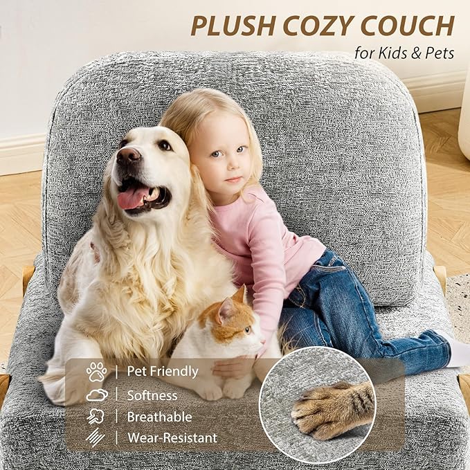 Folding Sofa Bed with Ottoman, 2-in-1 Fold Out Single Sleeper Chair with Wooden Frame, Headrest & Lumbar Pillow, Chenille Boneless Memory-Foam Filled Floor Couch Seating for Living Room Reading, Grey
