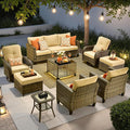 ovios 9 Pieces Patio Furniture Set, Outdoor Wicker Sofa Couch with Rocking Swivel Chairs Solar Lights Table, Modern Deep Seat Rattan Conversation Sets for Deck Porch, Beige