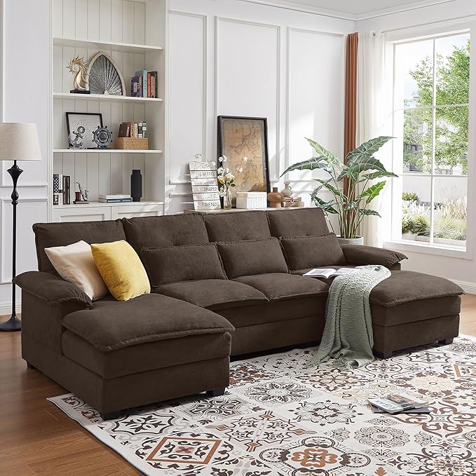 Jarenie 110" Convertible Sectional Sofa, U Shape Cloud Couch, Comfy Couches with Double Chaise and Sleepable Armrests, 4 Seats Sectional Couches for Living Room, Coffee
