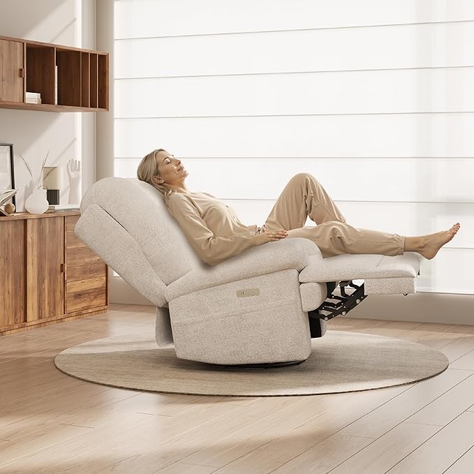 COLAMY Floren Power Swivel Recliner Chair with USB & Type-c Charge,Oversized and Padded Upholstered Deep Seat and Armrest，Rocking Recliner with Double Storage Pockets,Beige