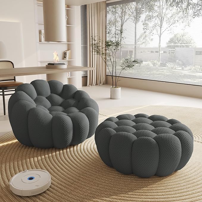 WJShome Modular Sectional Sofa,Bubble Couch Set,1 Seater+ Ottoman,Modern Upholstered Bean Bag Sofa Couch Mesh Fabric Lazy Floor Chair Living Roon Sets (Dark Gray)