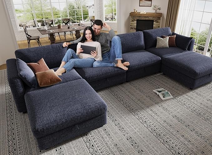 KKL Modular Sectional Sofa Couches for Living Room, U Shaped Sofa Couch with Adjustable Backrest, 4 Seater Sofa Couch with Convertible Ottoman and Comfy Cushion, Chenille, Blue
