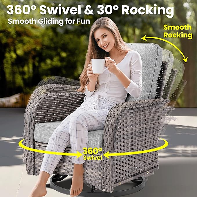 ovios 7 Pieces Patio Furniture Set, Outdoor Wicker Sofa Couch with Rocking Swivel Chairs Fire Pit Table, Modern Deep Seat Rattan Conversation Sets for Deck Porch, Dark Grey