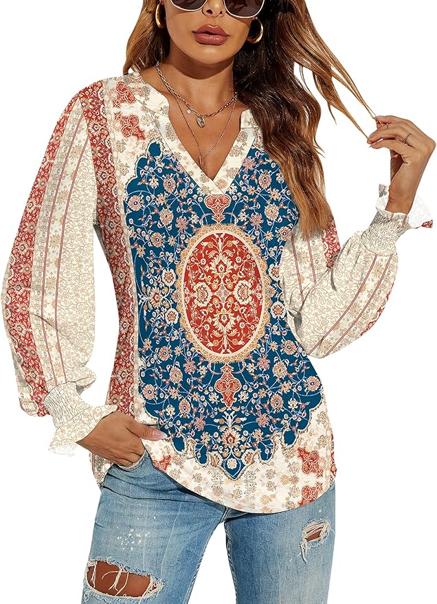 Romanstii Women's Casual V-Neck T-Shirts Loose Puff Long Sleeve Tops Tunic Blouses