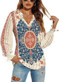 Romanstii Women's Casual V-Neck T-Shirts Loose Puff Long Sleeve Tops Tunic Blouses