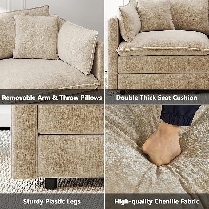 Aoowow Modular Sectional Sofa Modern Convertible L Shaped Couch,112.2 Inch Deep 3-Seater Sofas Set Comfy Chenille Cloud Sofas and Couches with Movable Ottoman for Living Room Apartment（Camel）