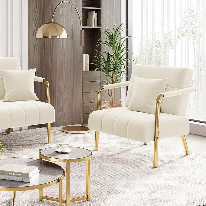 Yaheetech 30" W Accent Chair Velvet Oversized Armchair Living Room Chair with Golden Frame & Cozy Pillow for Living Room, Bedroom, Office Beige