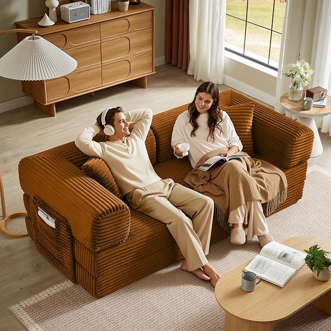 Chorlenimi Boneless Couch Futon Sofa Bed Sectional Couches for Living Room,Cloud Couch with Sleeper Sofa,Sofas for Living Room Oversized Corduroy Upholstered (Orange, 81 Inches (with Iron Frame))