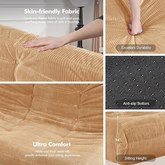 Bean Bag Chair,Giant Beanbag Chairs for Adults,Comfy Large Fireside Chair Lazy Sofa,Corduroy Bean Bag Lounger with Memory Foam Filled,Floor Sofa Couch for Home,Living Room (Khaki, Loveseat)