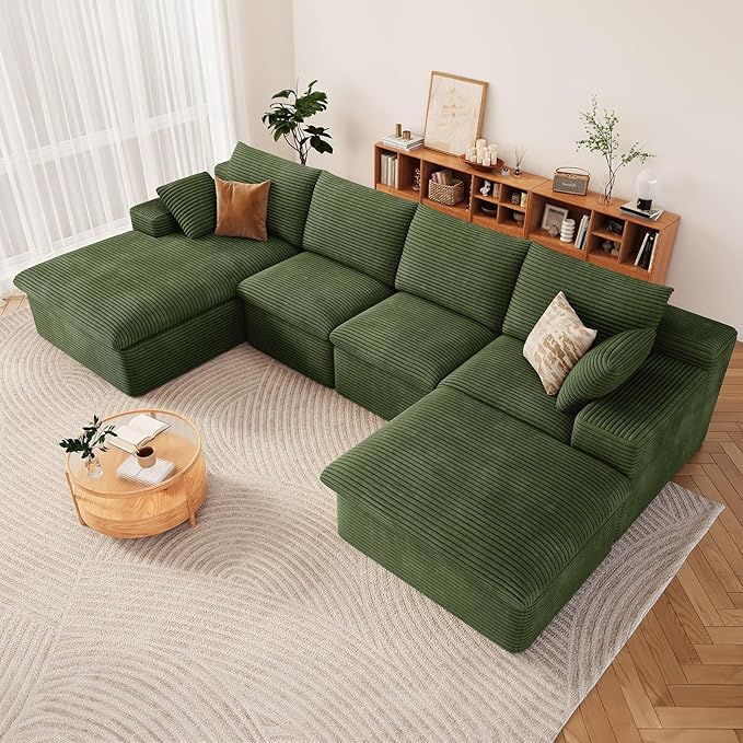 136" Cloud Modular Sectional Sofa with 1 Ottoman, Modern Upholstered Corduroy Couches, Comfort U Shaped Sofa for Living Room, Deep Seat Boneless Couch, No Assembly Required(Green,Left Facing Chaise)