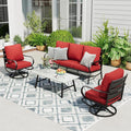 Sophia & William Patio Furniture Sets 5 Seats Outdoor Metal Conversation Sets 4 Pcs with 2 x Cushioned Swivel Sofa Chairs,1 x 3-Seat Sofa, 1x Marbling Metal Coffee Table Lawn Backyard Poolside Red
