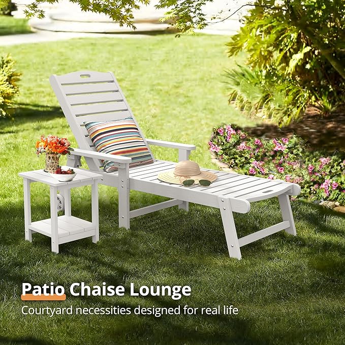 LUE BONA Chaise Lounge Chair with Table, 6-Piece, HDPS Chaise Lounger, 5 Positions Adjustable Lounge Chairs, Pool Lounge Chair with Wheels for Poolside, Backyard, White
