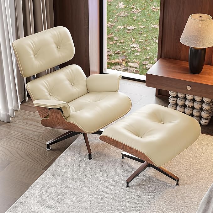 Top Cream White Grain Leather, Mid Century Chaise Lounge Chair and Ottoman, Modern Chair Classic Design, Walnut Wood, Heavy Duty Base Support for Living Room Office