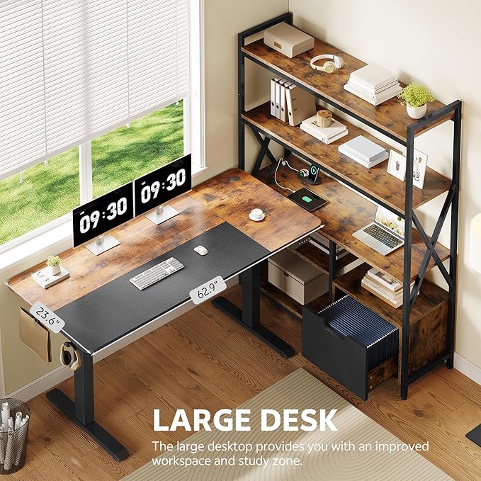 77.8 Inches L Shaped Standing Desk Corner Desk with Hutch Electric Height Adjustable Desk with Storage Shelves File Drawer Power Outlets Reversible Computer Gaming Desk for Home Office Brown
