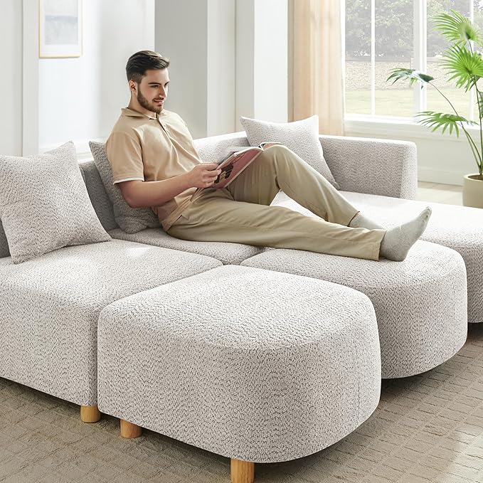 VANOMi 109.84" Modular Sectional Sofa with 3 Pillows, Convertible 5-Seater Comfy Boucle Cloud Couch with Ottoman, Modern Sectional Sofas for Living Room, Office, Apartment (Camel)