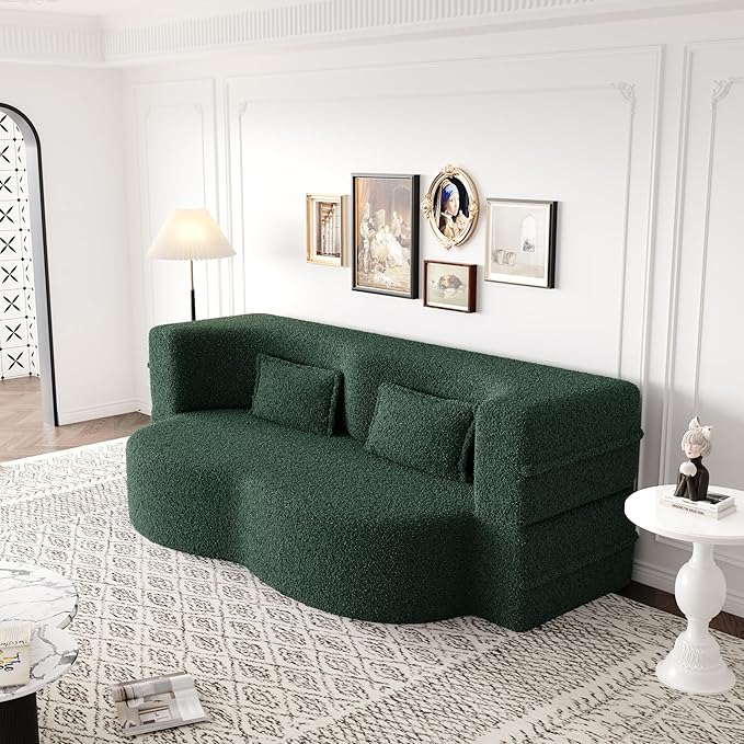 SZLIZCCC 78'' Modern Floor Sofa Bed, Convertible Teddy Fabric Sleeper with 2 Pillows, Modern Teddy Fabric Floor, Foam Folding Mattress for Living Room, Guest Bed, Playroom & Small Spaces (Green)