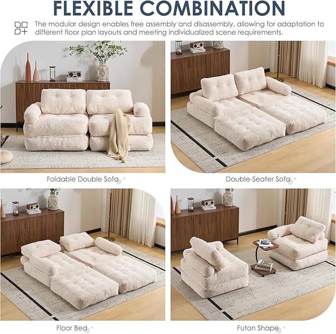 Folding Sofa Bed with Armrest,Convertible Sleeper Chair for Adults, Folding Sofa Bed Foam Filling Couch with Pillow，Sleeper Chairs Single Size Floor Mattress,White