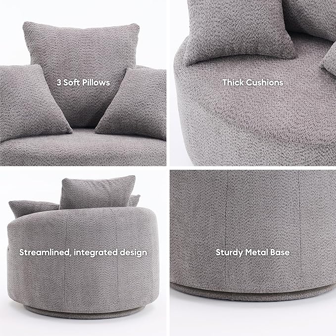 Yoglad 38.58'' Swivel Round Chair, Comfy Boucle 360° Accent Chair with Thick Cushion, Oversized Modern Single Sofa with 3 Pillows, Soft Armchair for Nursery, Living Room, Bedroom, Office (Grey)