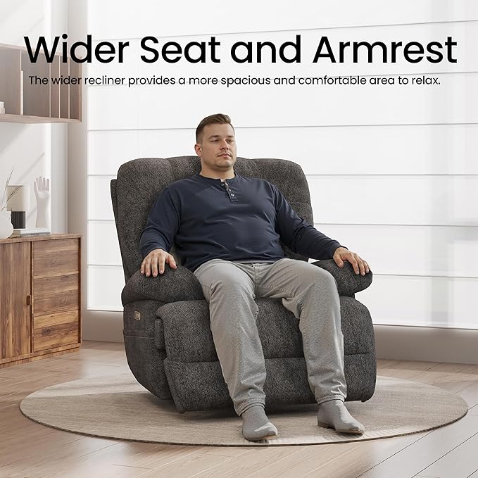 COLAMY Floren Power Swivel Recliner Chair with USB & Type-c Charge,Oversized and Padded Upholstered Deep Seat and Armrest，Rocking Recliner with Double Storage Pockets,Dark Gray