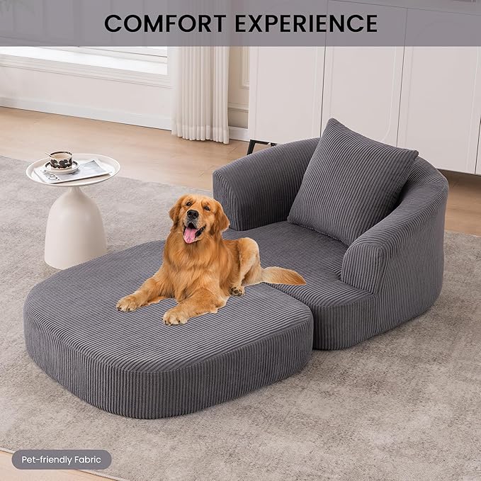 Oversized Convertible Sleeper Chair, Convertible Couch Bed with Backrest and Pillow, Corduroy Oversized Armchair for Adults, Comfy Sleeper Chair Bed for Living Room, Bedroom, Home Office, Grey