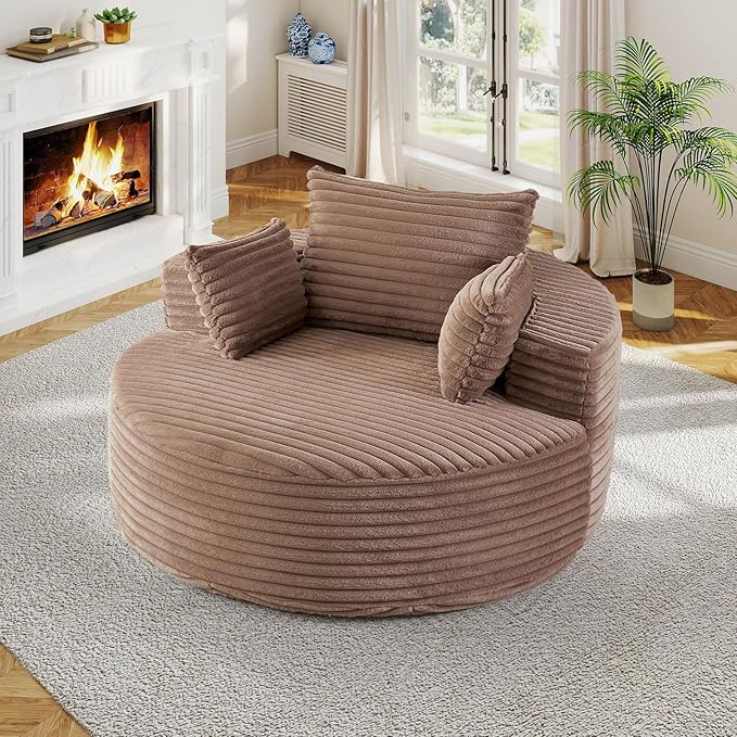 55"W Oversized Round Chair Lounge Chaise Indoor, Upholstered Comfy Circle Sofa Armchair, Modern Cozy Boneless Foam Floor Reading Chair for Living Room, Bedroom, No Assembly Required(Corduroy, Brown)