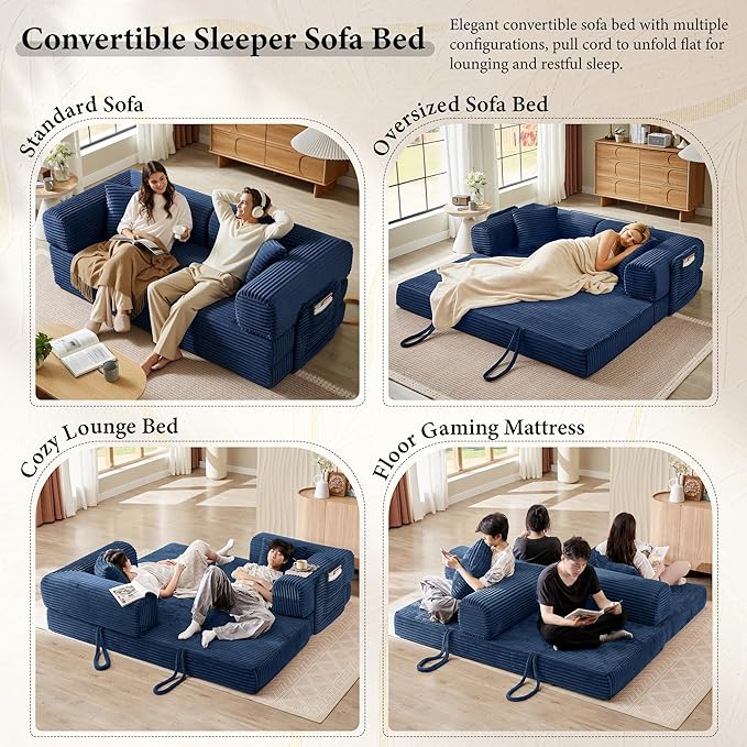 AUGOP Boneless Couch Folding Couches for Living Room Sofa, Futon Sofa Bed with Sleeper Sofa, Futon Couch with Fixed-Shape Oversized Corduroy Upholstered (Blue, 81 Inches)