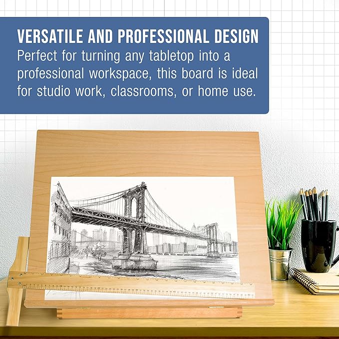 U.S. Art Supply X-Large 26" x 21" Wooden Drawing Board, Adjustable Table Top Easel for Painting and Drawing - Drafting Board with T-Square, Pencil Ledge