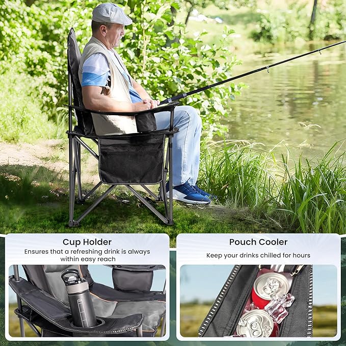 Oversized Camping Chair Heavy Duty 500LB - Portable Folding Chair with Cooler Bag, Cup Holder & Waterproof Phone Case for Adults, Beach, Hiking, Backyard (Black & Gray, 2 PCS)